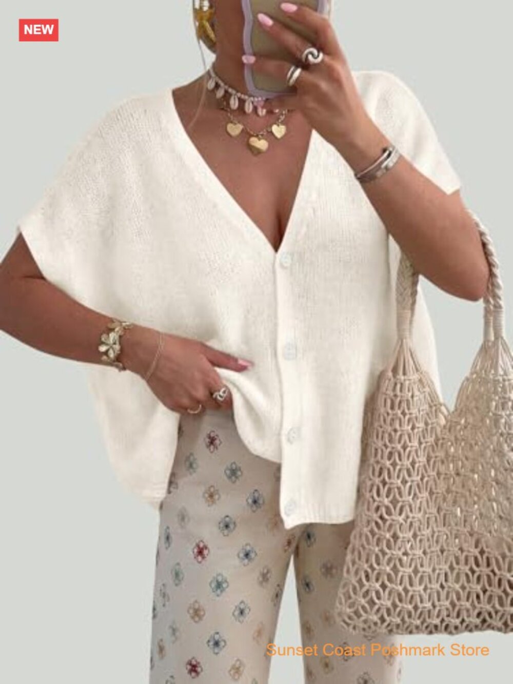 Oversized Batwing Short Sleeve Cardigan Lightweight V-Neck Button Down Knit - Picture 2 of 7